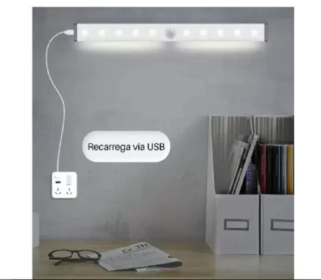 Luminária Led Sensor Presença Recarregável Usb 40cm Imã Grande